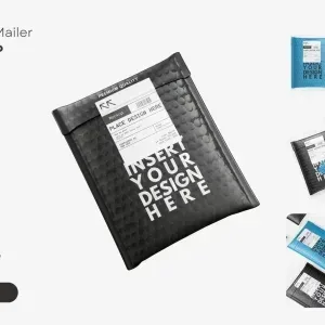 PSD Mockup Bubble Mailer Packaging, Black and blue bubble mailer packaging mockups with customizable design labels