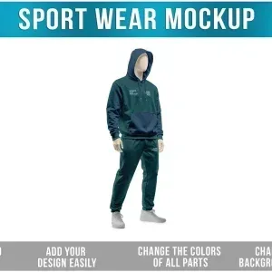 PSD Mockup Sport Wear Template, Mannequin wearing dark green sport wear hoodie and pants with white sneakers