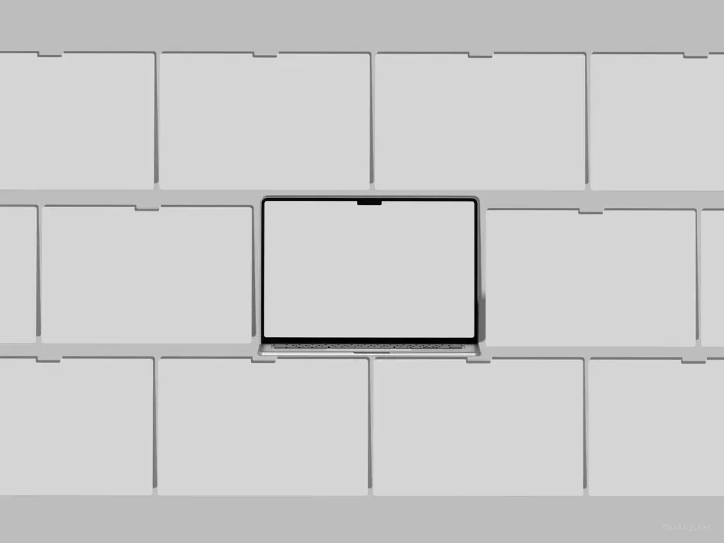 PSD Mockup Laptop Screen Website, Laptop with blank screen surrounded by multiple laptops with blank screens