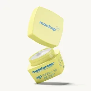 PSD Mockup Cosmetic Cream Jar, Yellow square cosmetic cream jar with open lid showing white cream inside