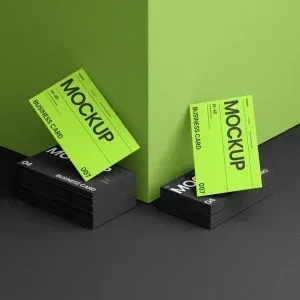 PSD Mockup Modern Business Card, Green and black modern business cards stacked with two green cards standing upright