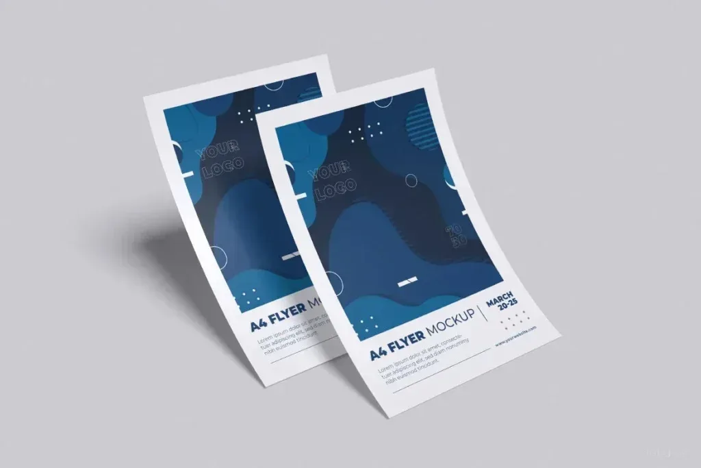 PSD Mockup A4 Flyer Design, Two A4 flyers with blue abstract design and text layout on gray background