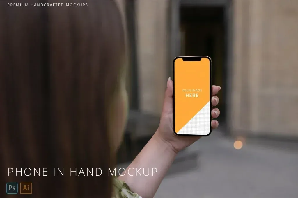PSD Mockup iPhone 12 Pro in Hand Womans Street