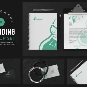 PSD Mockup Branding Stationery Set, Branding stationery set with notebook, clipboard, business cards, pen, pencil, and…
