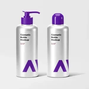 PSD Mockup Cosmetic Packaging Design, Two silver cosmetic bottles with purple caps on a white background