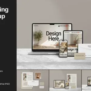 PSD Mockup Receipt Design Showcase, Branding mockup with laptop, tablet, smartphone, envelope, and business card on gray…