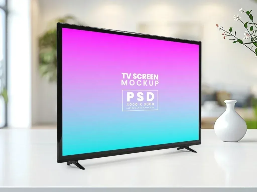 PSD Mockup TV Screen Template, Modern flat screen TV on white table with blurred background