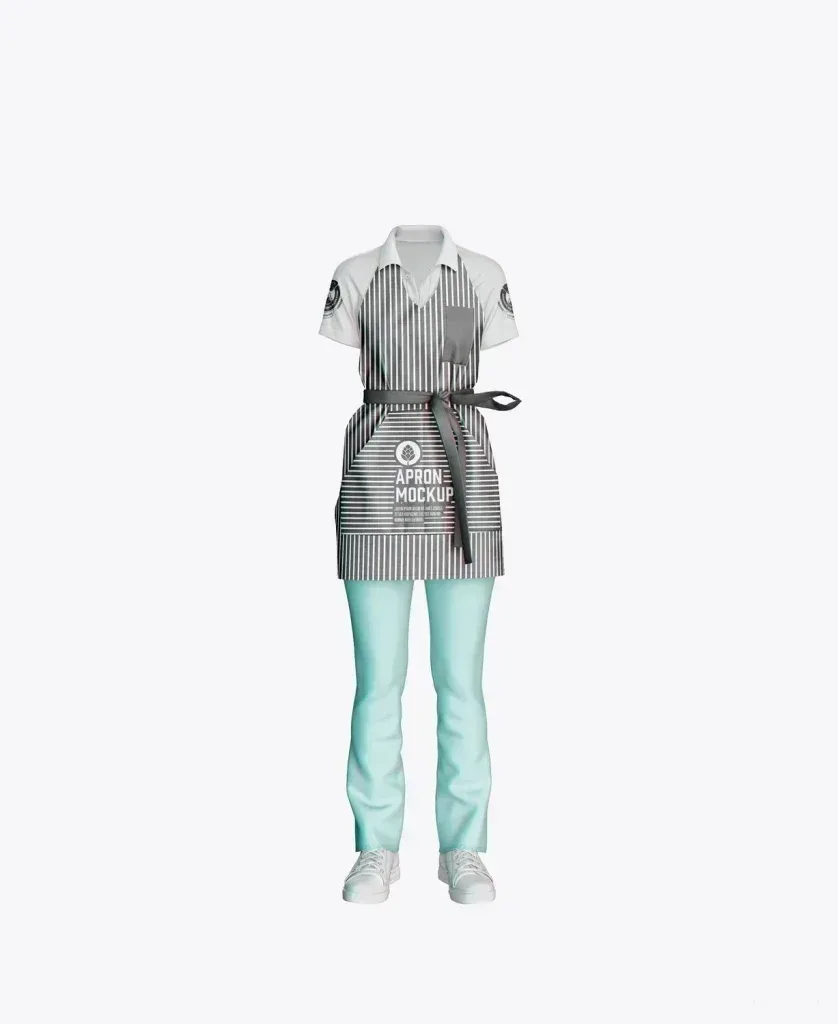 PSD Mockup Set Apron, Striped apron with pocket and tied waist over white shirt and light blue pants