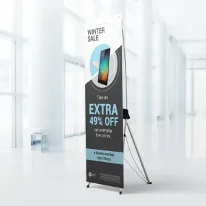 PSD Mockup X-Stand Banner, X-stand banner with winter sale advertisement and smartphone image