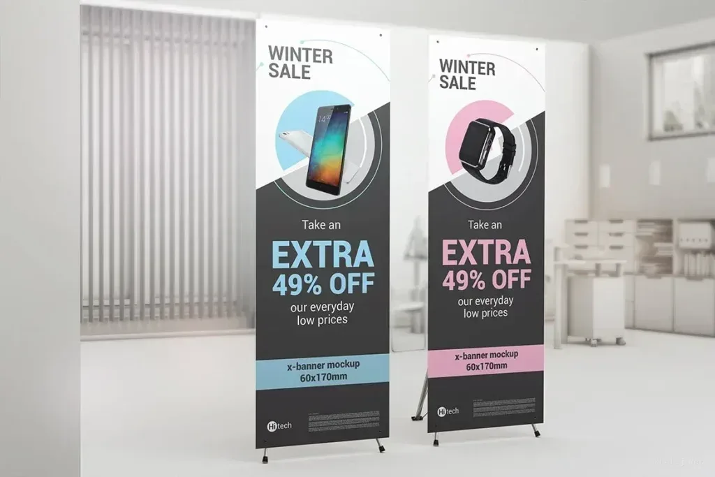 PSD Mockup X-Stand Banner, Two X-stand banners showing winter sale with 49 percent off on smartphone and smartwatch