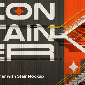 PSD Mockup Container Stair, White metal stair with yellow railings attached to black and orange container wall