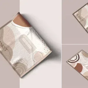 PSD Mockup Realistic Blanket Set, Folded blanket with abstract beige and brown geometric patterns