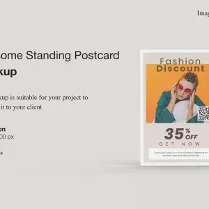 PSD Mockup Standing Postcard Awesome, Standing postcard mockup with fashion discount design and woman wearing red sunglasses