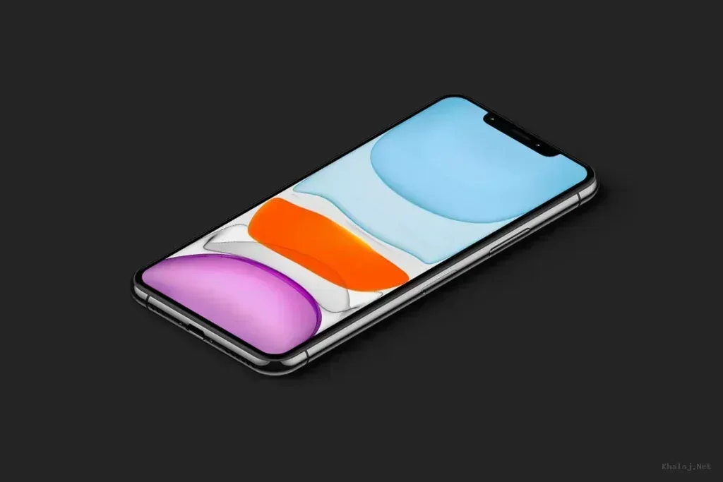 PSD Mockup iPhone 11 Pro, iPhone 11 Pro Max angled view with colorful abstract wallpaper on screen