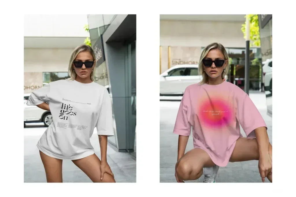 PSD Mockup Oversize Urban TShirt, Woman wearing oversized urban T-shirts in white and pink with text designs