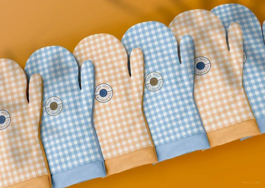 PSD Mockup Oven Mitt Set, Set of oven mitts with blue and beige checkered pattern on orange background