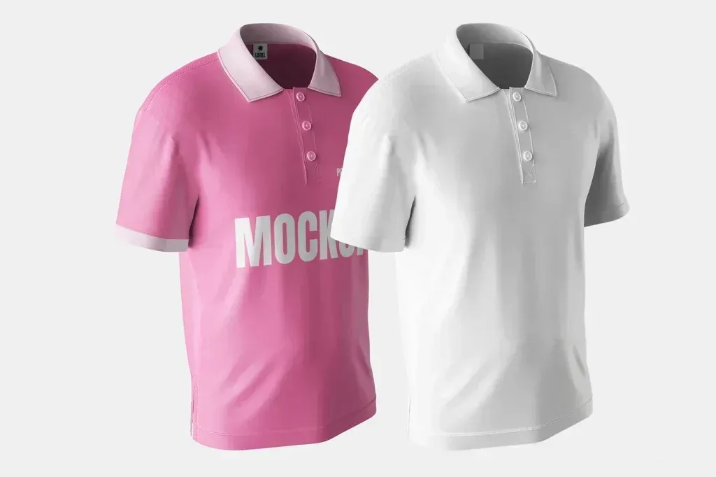 PSD Mockup Male Polo Shirt, Two male polo shirts in pink and white with buttoned collars
