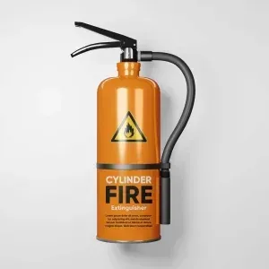 PSD Mockup Cylinder Fire Extinguisher, Orange cylinder fire extinguisher with black hose and handle on white background