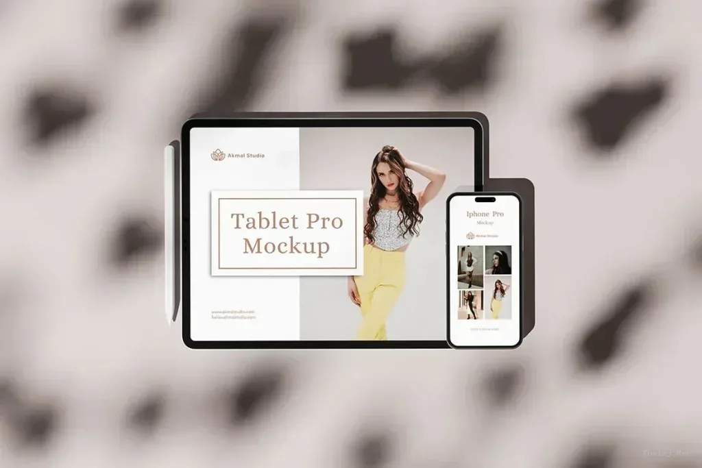 PSD Mockup iPad iPhone Set, Tablet and smartphone displaying fashion mockups with a stylus pen