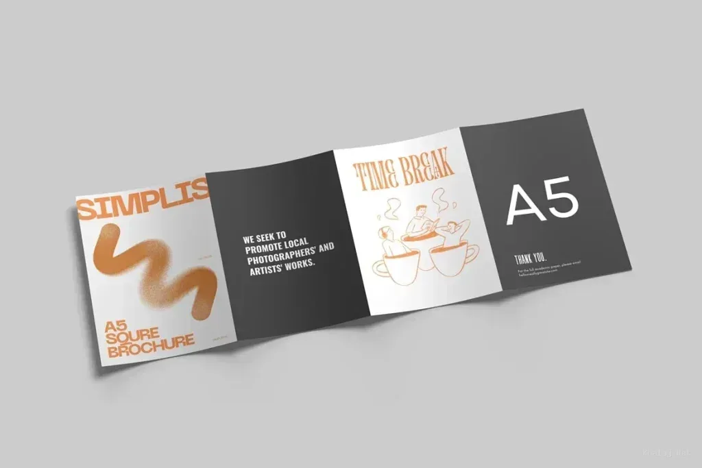 PSD Mockup Four Fold Brochure, Four fold brochure mockup with orange and black design on gray background