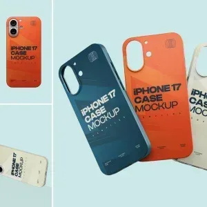 PSD Mockup iPhone 17 Case in Blue, Orange, and Beige Colors PSD Mockup iPhone 17 Case, Three iPhone 17 cases in blue, orange, and beige colors displayed on a light blue background