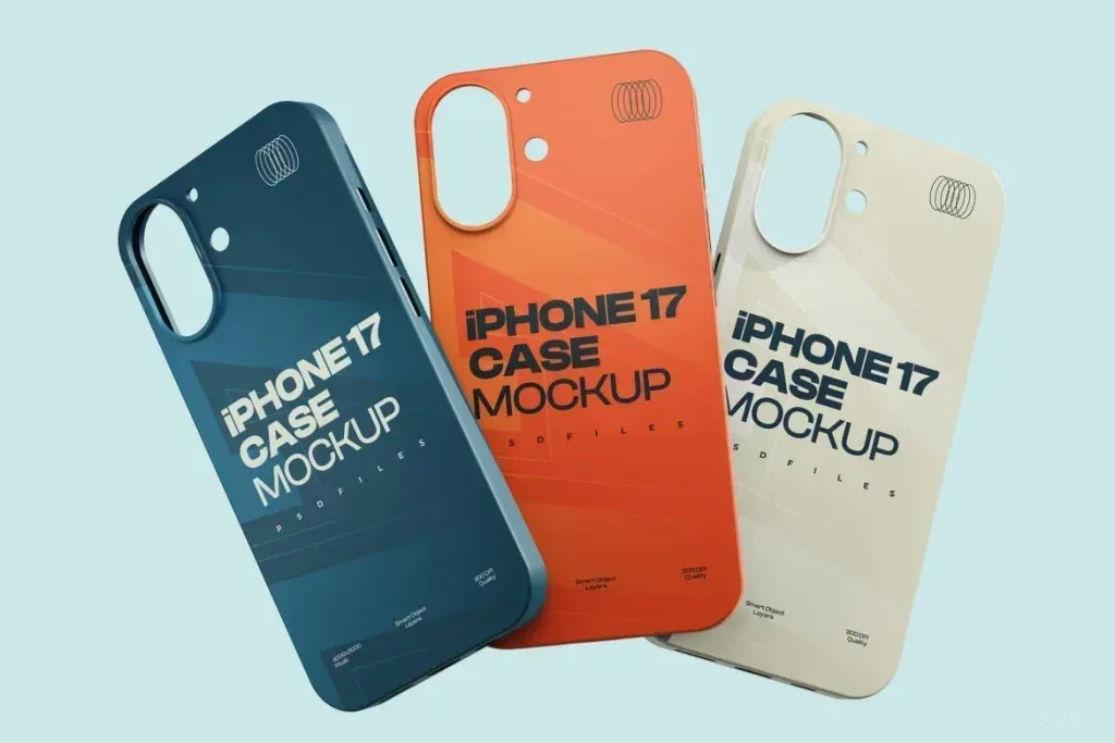 PSD Mockup iPhone 17 Case, Three iPhone 17 cases in blue, orange, and beige with text iPhone 17 Case Mockup