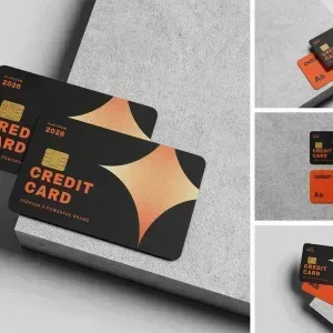 PSD Mockup Credit Card Designs, Black and orange credit card mockups with gold chip on textured gray surface