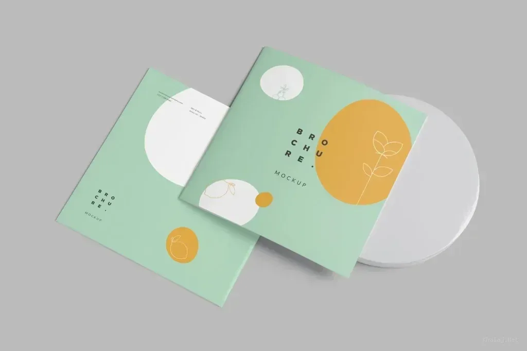 PSD Mockup Soft Cover Square, Soft cover square brochure with green, white, and orange circular design elements