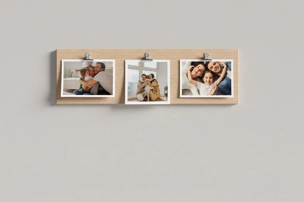 PSD Mockup Photo Collage Design, Three photo prints clipped on a wooden board against a gray wall