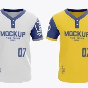 PSD Mockup Baseball Jersey in White and Yellow with Blue Sleeves PSD Mockup Baseball Jersey, Two baseball jerseys mockup in white and yellow with blue sleeves and collar