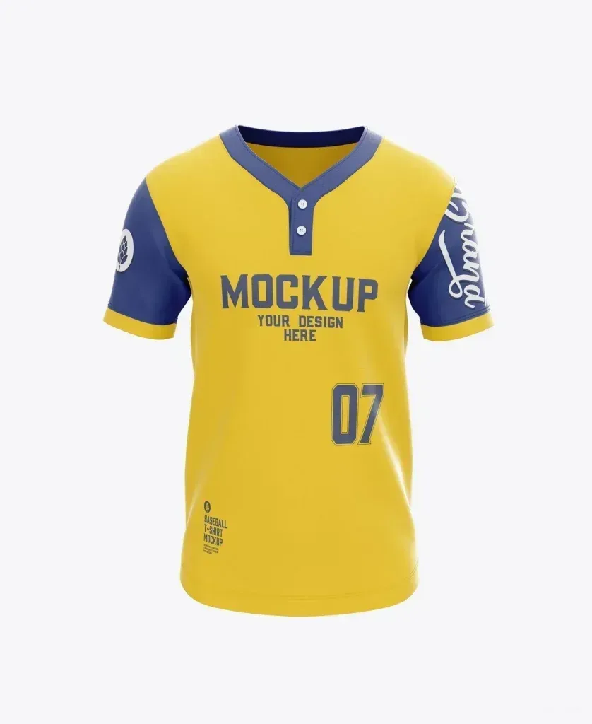 PSD Mockup Baseball Jersey, Yellow and blue baseball jersey with buttoned collar and printed text