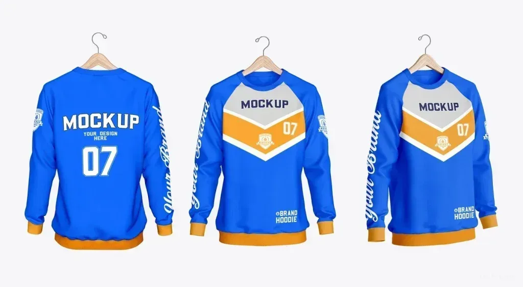 PSD Mockup Jumper Editable Design, Blue jumper with orange cuffs and white and orange chevron design on front and back