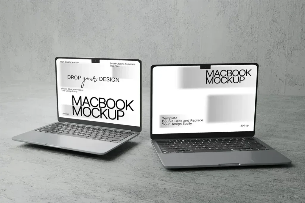PSD Mockup Macbook Smart Editing, Two open Macbook laptops with editable PSD mockup screens on a gray surface