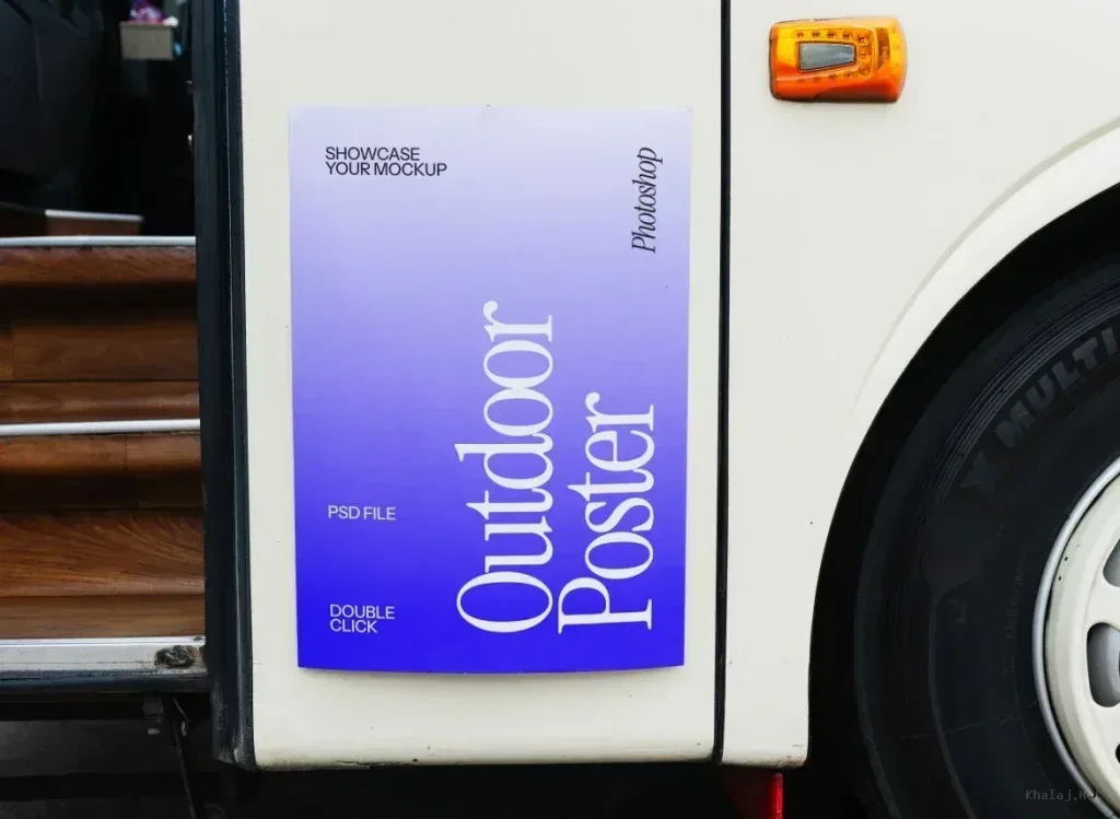 PSD Mockup A3 Bus Poster, A3 bus poster mockup with blue gradient on white bus panel near wheel and door