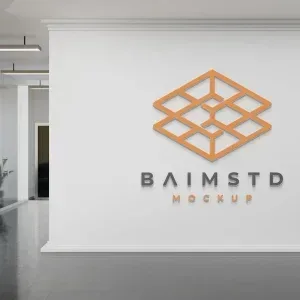 PSD Mockup Office Wall Logo, Orange geometric office wall logo with BAIMSTD text in modern office hallway