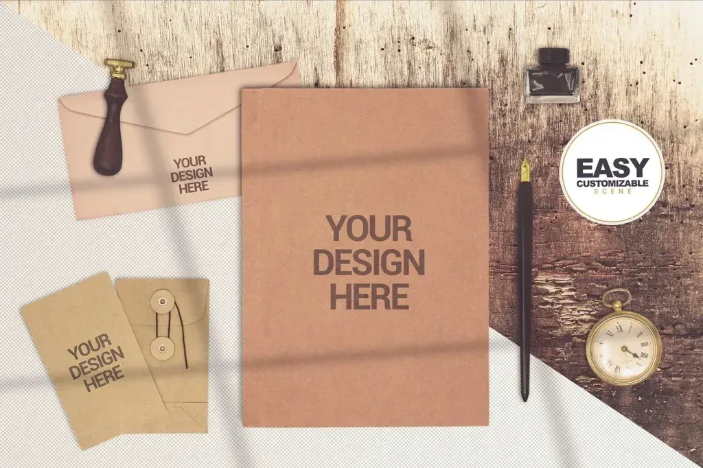 PSD Mockup Vintage Script Scene, Vintage stationery set with envelopes, notebook, ink bottle, fountain pen, and pocket…