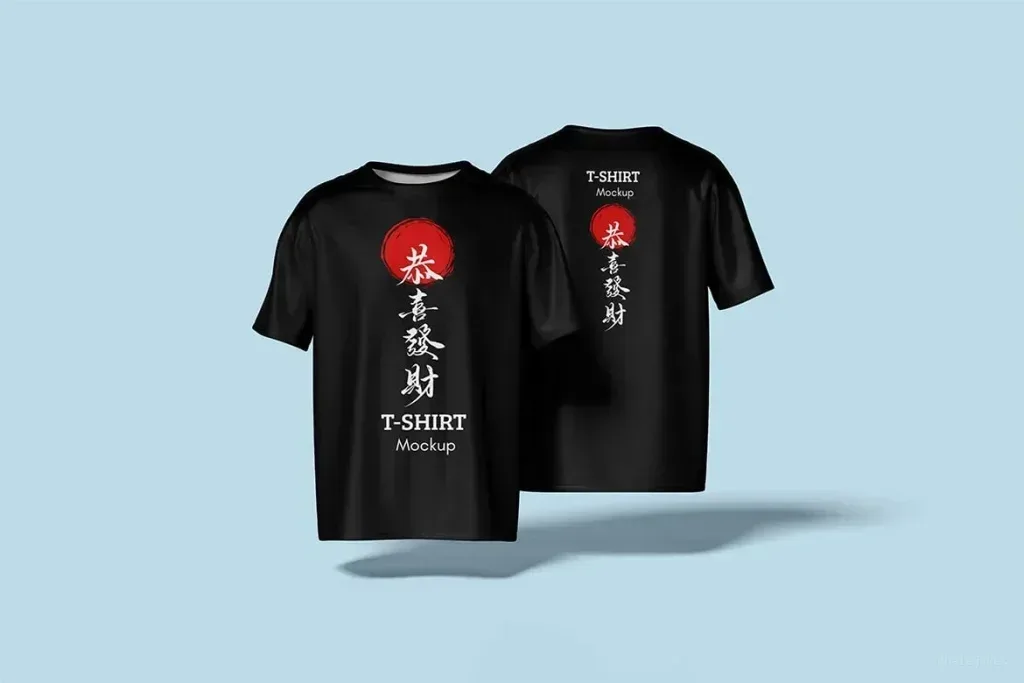 PSD Mockup TShirt Design Display, Black T-shirt with vertical white and red Asian characters and text on front and back