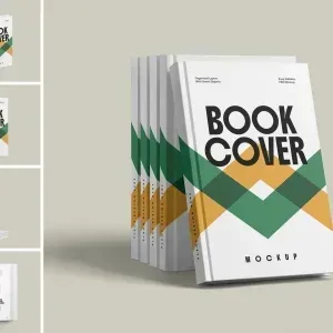 PSD Mockup Book Cover Presentation, Stack of books with white covers featuring green and orange geometric design