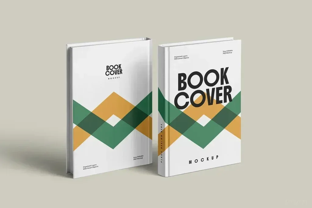PSD Mockup Book Cover Presentation, Two standing book covers with geometric green and orange design on white background