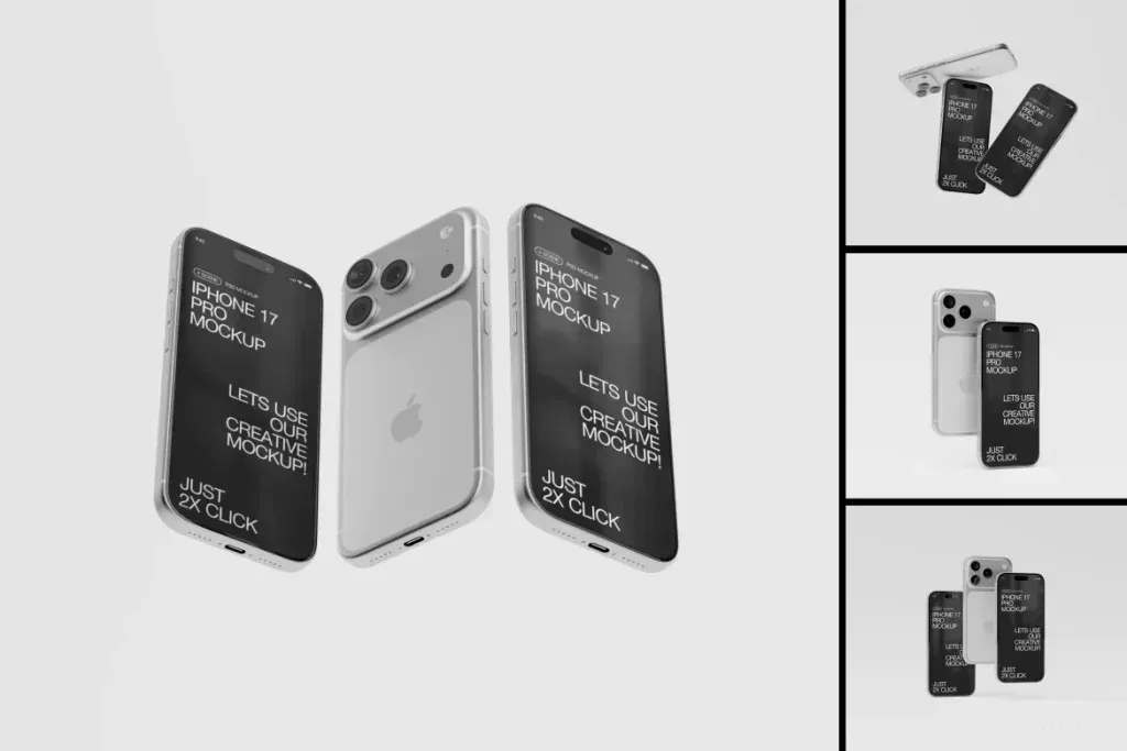 PSD Mockup iPhone 17 Pro, Three silver iPhone 17 Pro devices showing front and back views with black screens