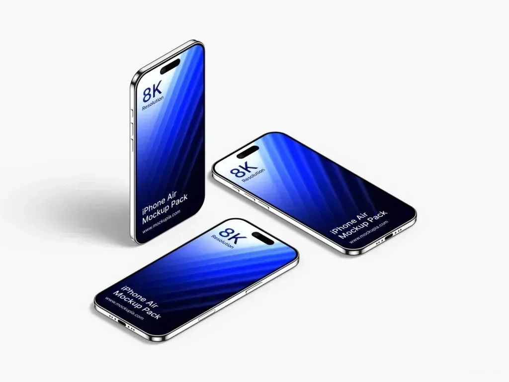 PSD Mockup iPhone Air Multiple, Three iPhone Air devices shown in multiple angles with blue gradient screens