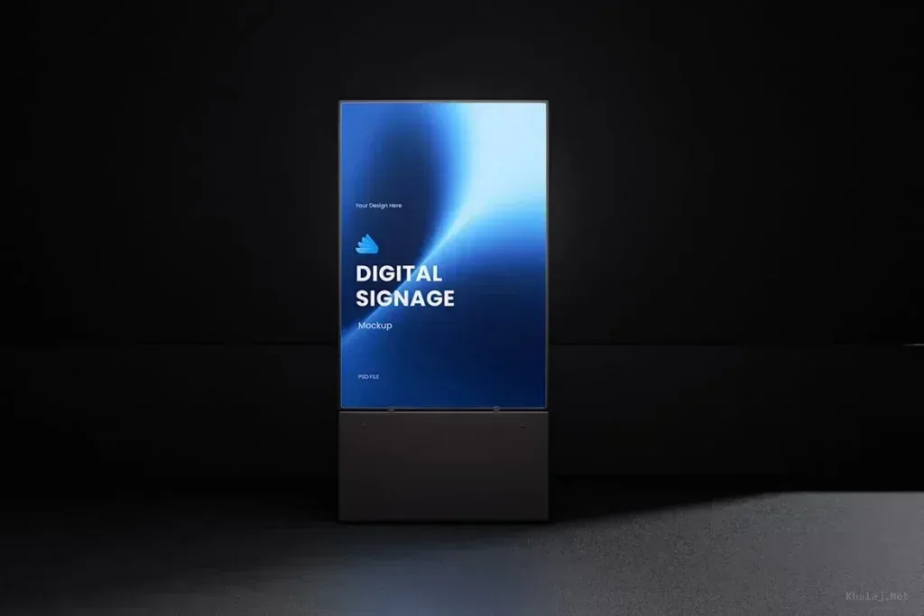 PSD Mockup Digital Signage Smart, Digital signage display with blue gradient screen on black stand