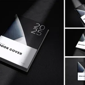 PSD Mockup Book Cover Easy, Modern book cover mockup with black and white geometric design and 2025 text
