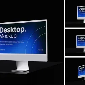 PSD Mockup Multi Display Desktop Computer with Blue Screen PSD Mockup Multi Display Desktop, White desktop computer with blue screen showing Desktop Mockup text on black background
