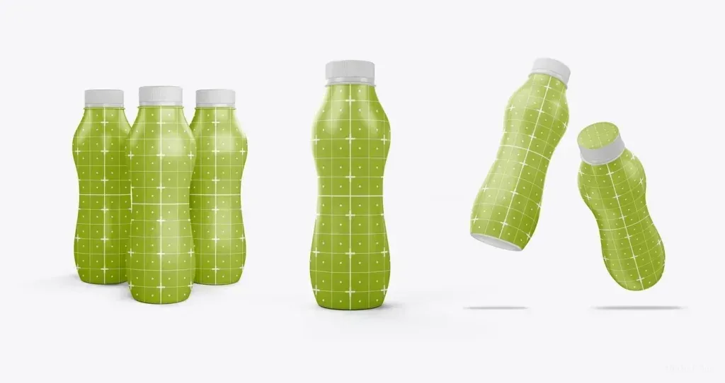 PSD Mockup Smoothie Yogurt Bottle, Green smoothie yogurt bottles with white caps in various positions on white background