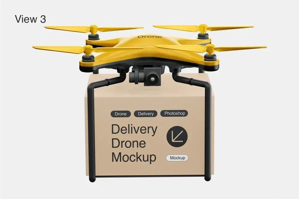 PSD Mockup Delivery Drone 3 Scenes, Yellow delivery drone carrying a cardboard box with delivery drone mockup text