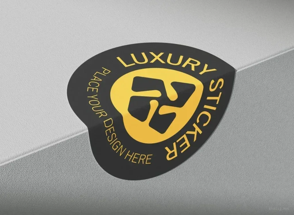 PSD Mockup Sticker Realistic Display, Black and yellow luxury sticker on textured gray surface corner