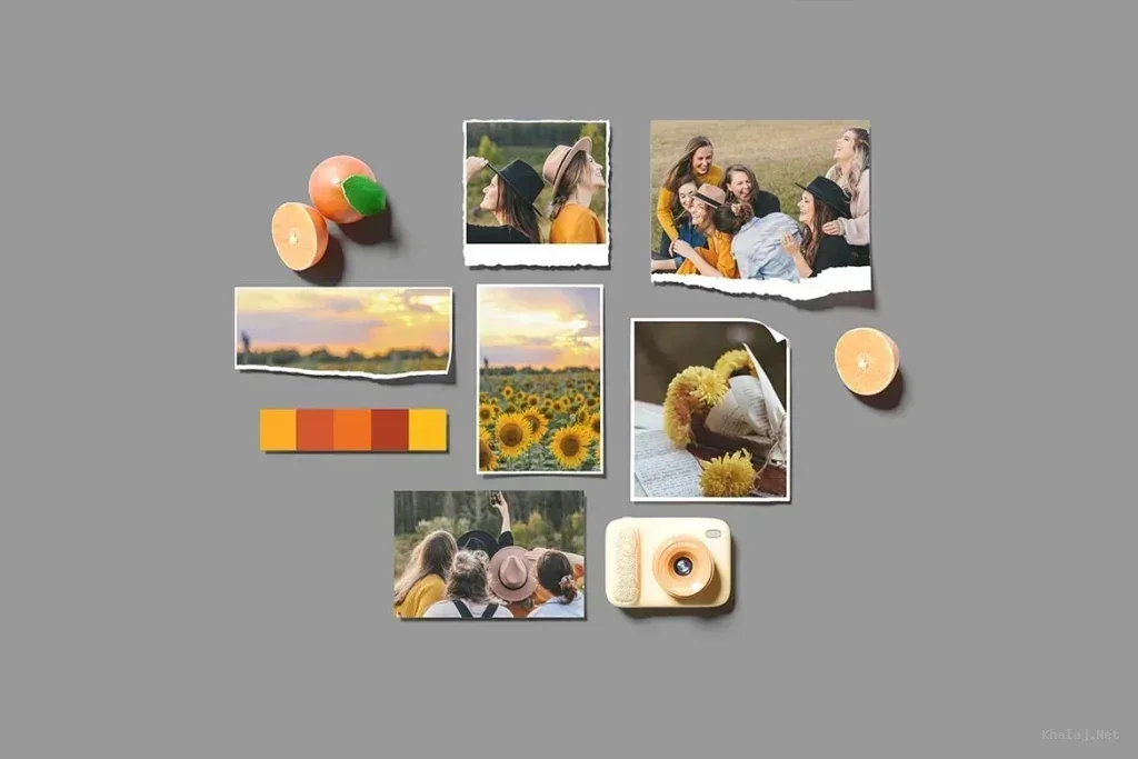 PSD Mockup Photo Collage Design, Photo collage with friends, sunflowers, sunset, flowers, and camera on gray background