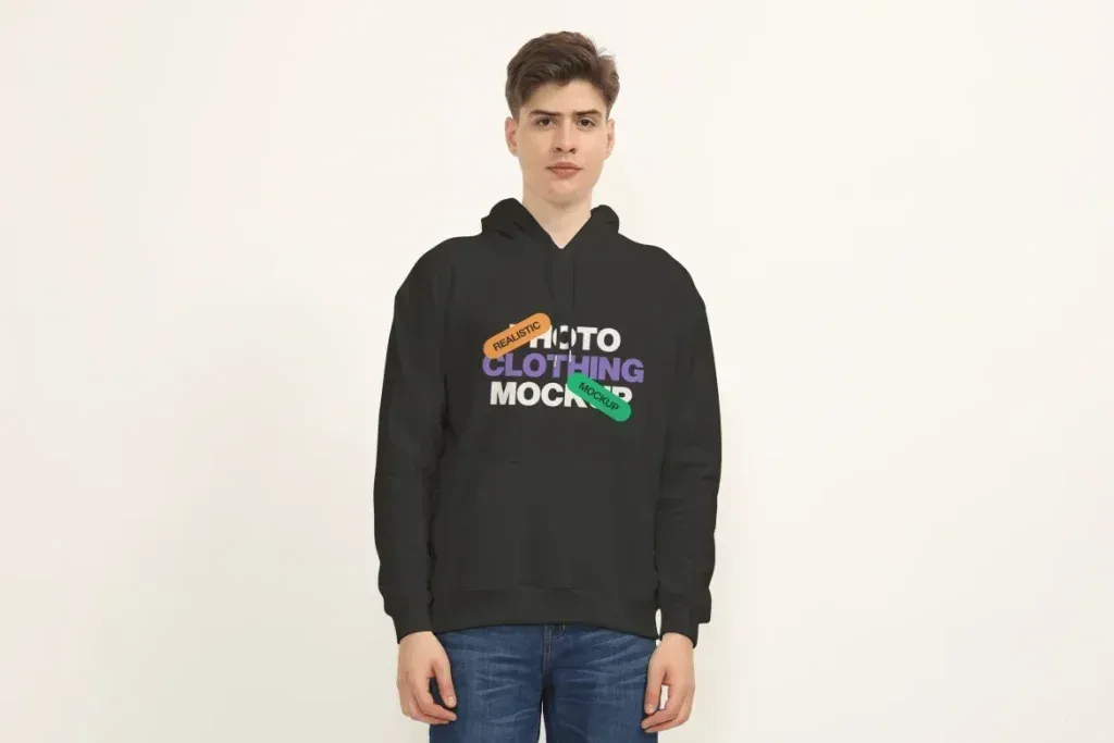 PSD Mockup Hoodie Editable Design, Black hoodie with colorful text design worn by young man