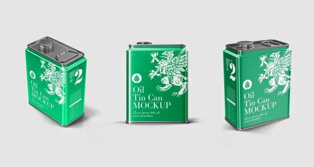PSD Mockup Vintage Oil Tin, Green vintage oil tin can mockup with white griffin design and text
